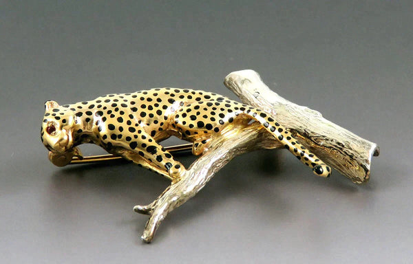 Lovely Pristine Harriet Glen 9k White and Yellow Gold Leopard Panther Pin Brooch