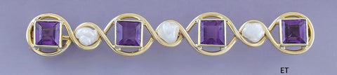 c1880s Wonderful 14k Gold Amethyst Pearl Bar Pin / Brooch