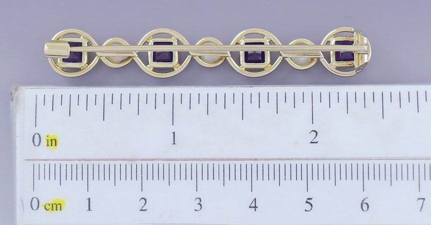 c1880s Wonderful 14k Gold Amethyst Pearl Bar Pin / Brooch