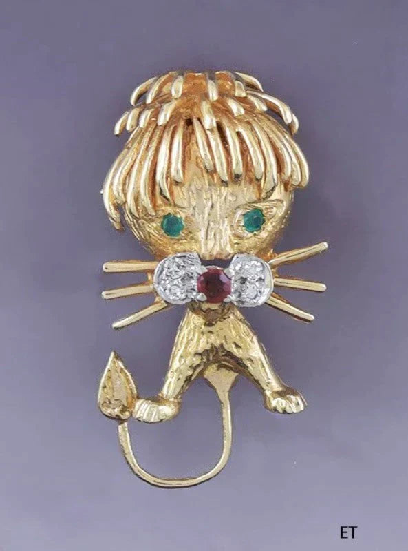 Charming 14k Yellow Gold Diamond Ruby Emerald Lion Pin Brooch