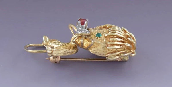 Charming 14k Yellow Gold Diamond Ruby Emerald Lion Pin Brooch