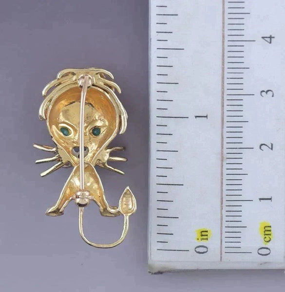 Charming 14k Yellow Gold Diamond Ruby Emerald Lion Pin Brooch