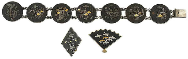 Wonderful Meiji Japanese Mixed Metal Bracelet & Pin 3pc Set