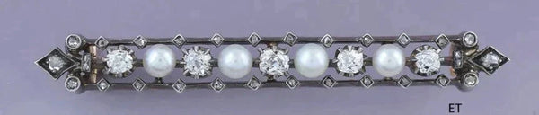 Fine Victorian c1860 18K Gold Silver Diamond & Pearl Bar Pin