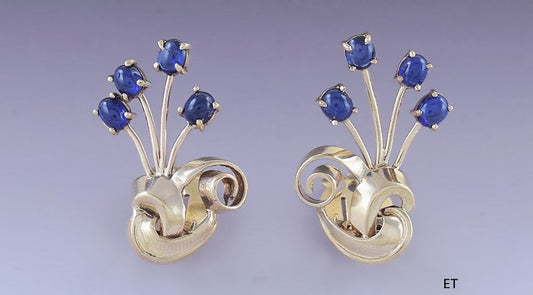 Gorgeous Pair Retro 14k Gold & Sapphire Floral Spray Clipback Earrings