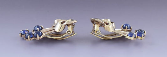 Gorgeous Pair Retro 14k Gold & Sapphire Floral Spray Clipback Earrings