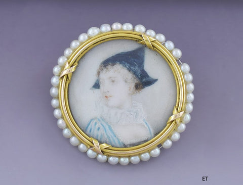 Striking Victorian 18k Gold Seed Pearl Handpainted Miniature Portrait Pin Brooch