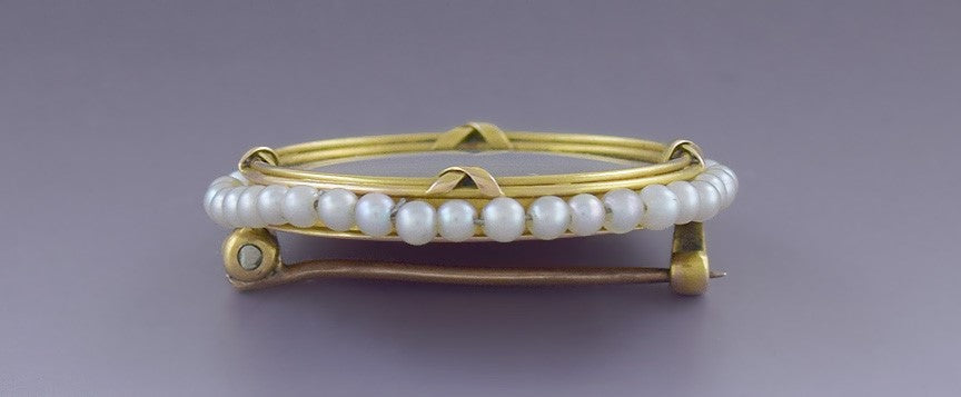 Striking Victorian 18k Gold Seed Pearl Handpainted Miniature Portrait Pin Brooch