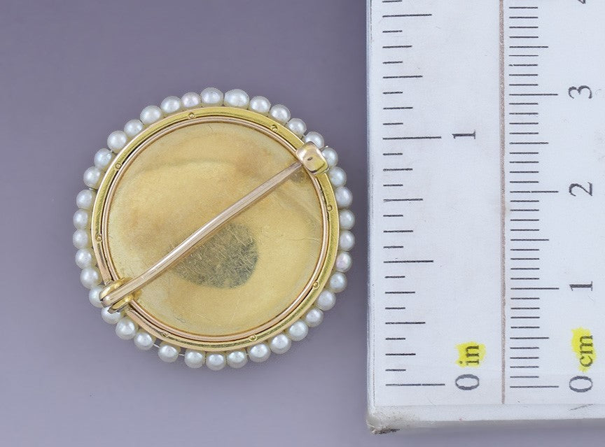 Striking Victorian 18k Gold Seed Pearl Handpainted Miniature Portrait Pin Brooch
