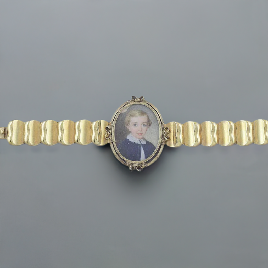 Fantastic c1850 Victorian 14k Gold Hand Painted Miniature Portrait Bracelet