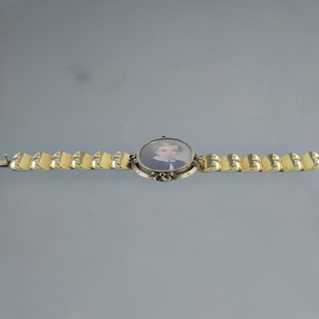 Fantastic c1850 Victorian 14k Gold Hand Painted Miniature Portrait Bracelet