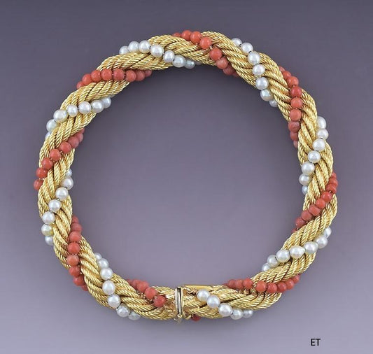 Beautiful 18k Yellow Gold Pearl Coral Twist Cable Ropetwist Bracelet