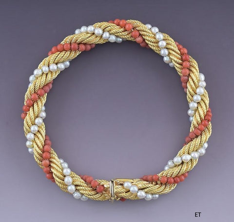 Beautiful 18k Yellow Gold Pearl Coral Twist Cable Ropetwist Bracelet