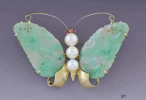 Retro 14k Gold Hand Carved Jade Pearl Ruby Butterfly Moth Pin Brooch