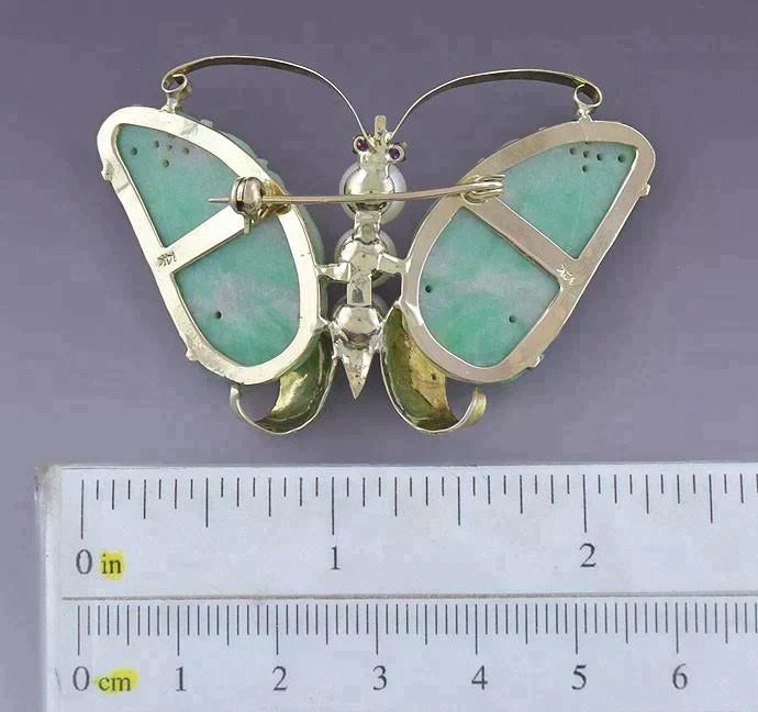 Retro 14k Gold Hand Carved Jade Pearl Ruby Butterfly Moth Pin Brooch