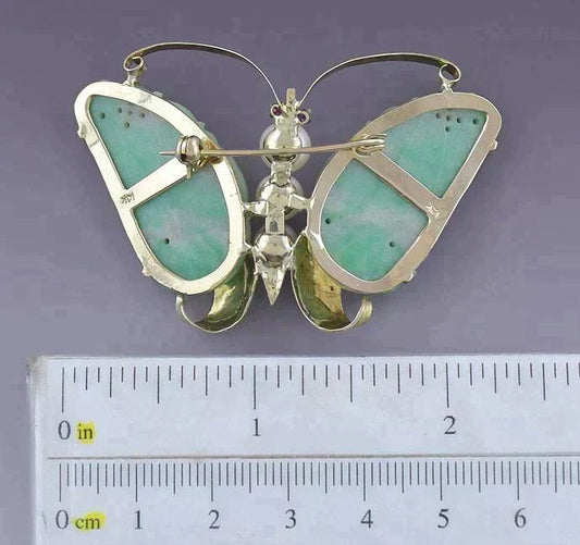 Retro 14k Gold Hand Carved Jade Pearl Ruby Butterfly Moth Pin Brooch