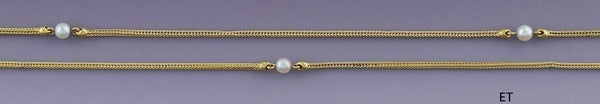 c1880s Victorian 14k Yellow Gold Foxtail Pearl Station Necklace/Fob Watch Chain