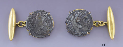 c1910 Pair 18k Yellow Gold Greek Macedonian Silver Tetradrachm Coin Cufflinks