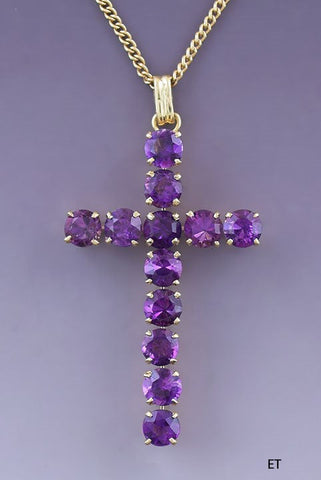 Beautiful 14k Yellow Gold & Amethyst Gemstone Cross Necklace Pendant w/ Chain