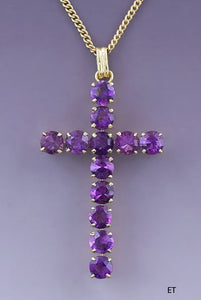 Beautiful 14k Yellow Gold & Amethyst Gemstone Cross Necklace Pendant w/ Chain