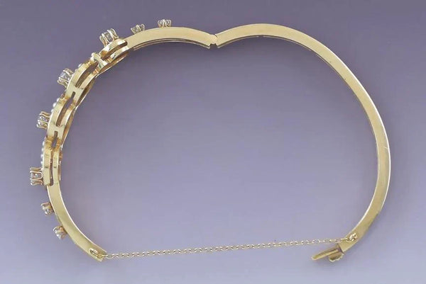 Dazzling 14k Gold ~1.10ct Diamond & Pearl Bangle Bracelet