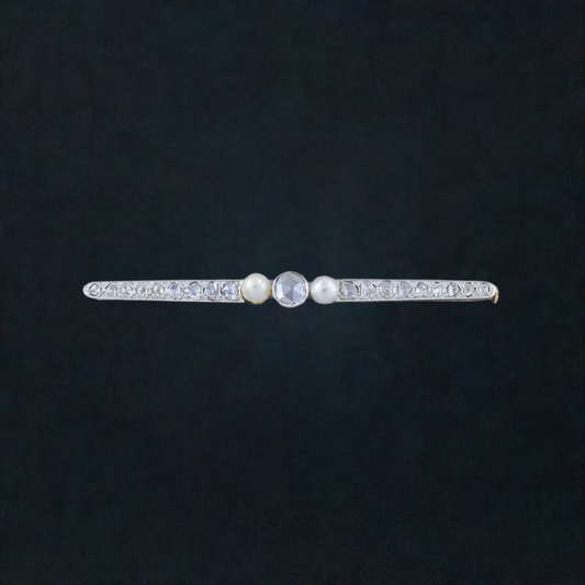 Classic European c1910 Platinum, 18k Gold Pearl and Diamond Bar Pin Brooch