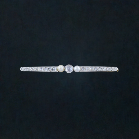 Classic European c1910 Platinum, 18k Gold Pearl and Diamond Bar Pin Brooch