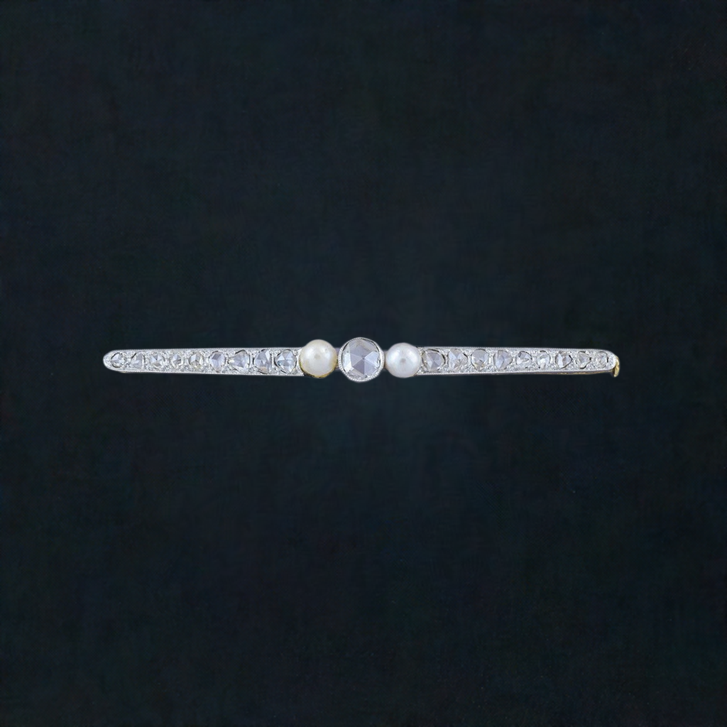 Classic European c1910 Platinum, 18k Gold Pearl and Diamond Bar Pin Brooch