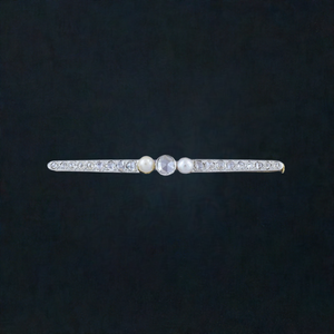 Classic European c1910 Platinum, 18k Gold Pearl and Diamond Bar Pin Brooch