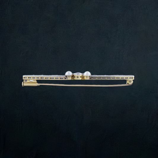 Classic European c1910 Platinum, 18k Gold Pearl and Diamond Bar Pin Brooch