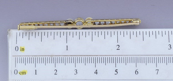 Classic European c1910 Platinum, 18k Gold Pearl and Diamond Bar Pin Brooch