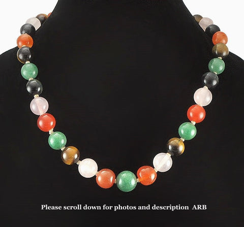 Gorgeous Silver w/ Tigers Eye and Red/Green/White/Peach Agate Stone Necklace