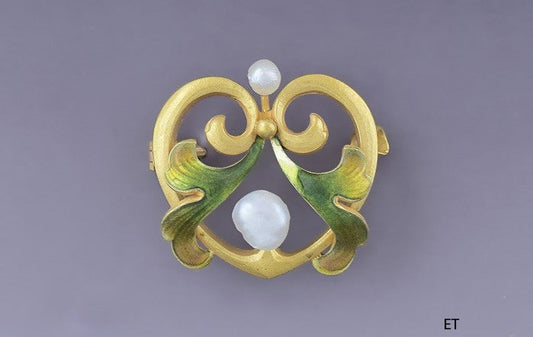 Art Nouveau Antique c1900 Krementz 14K Enameled Gold & Pearl Pin Brooch