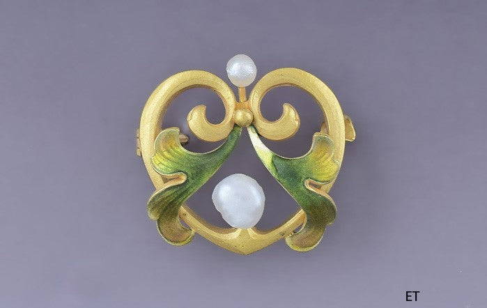 Art Nouveau Antique c1900 Krementz 14K Enameled Gold & Pearl Pin Brooch
