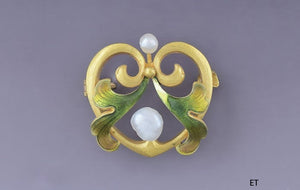 Art Nouveau Antique c1900 Krementz 14K Enameled Gold & Pearl Pin Brooch