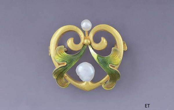 Art Nouveau Antique c1900 Krementz 14K Enameled Gold & Pearl Pin Brooch