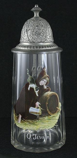 GREAT 1800s German Hand Painted Glass & Pewter Tankard