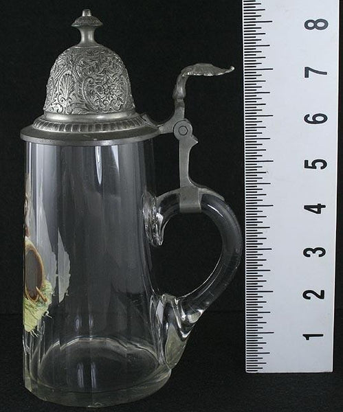 GREAT 1800s German Hand Painted Glass & Pewter Tankard