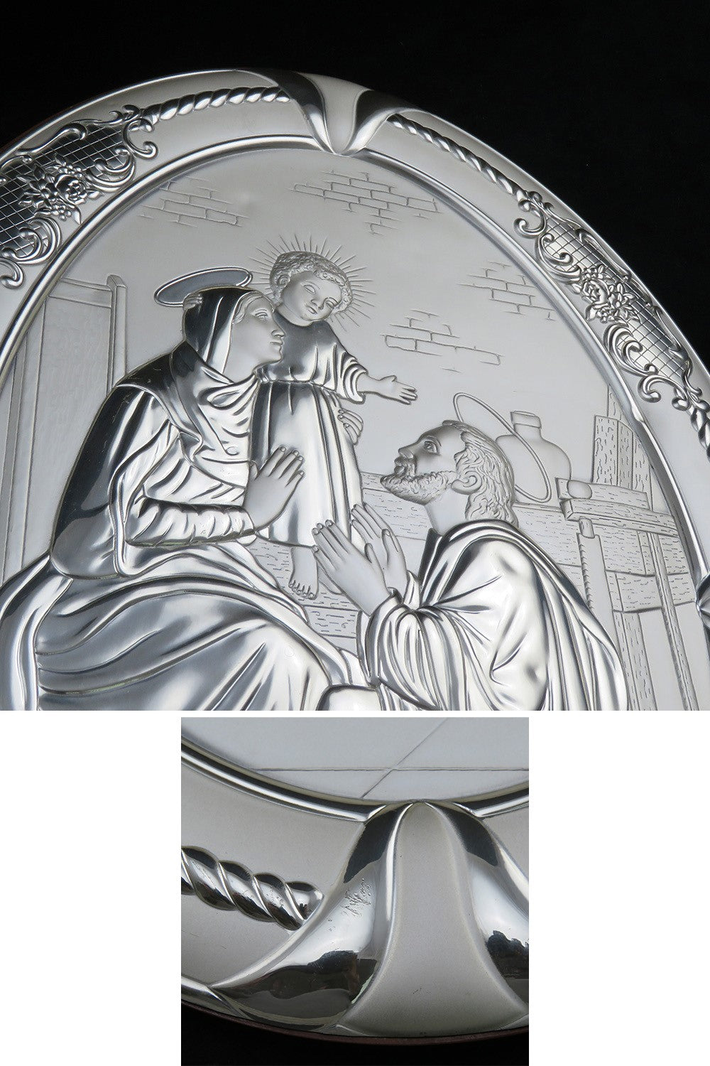 Italian 850 Silver Oval Plaque Wall Hanging of Jesus Mary Joseph
