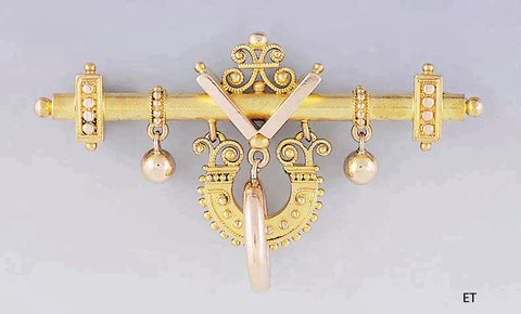 c1860s-1870s Fabulous 14k Gold Victorian Etruscan Revival Bar Pin/Brooch