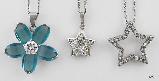 3 Sterling Silver Necklaces w/ Star Flower Pendants Diamond Rhinestones