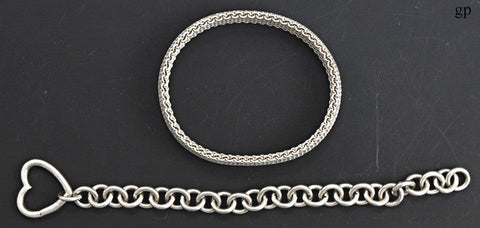 Pair Sterling Silver Mesh and Heart Link Chain Bracelets