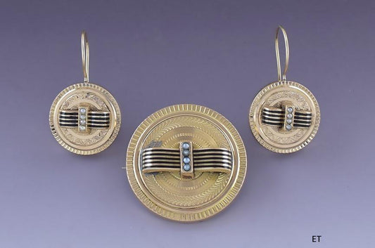 c1900 14K Gold Enamel Pearl Machine Turned Engraved Earrings & Pin Set