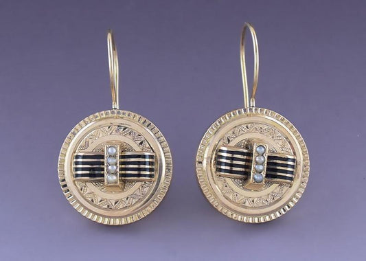 c1900 14K Gold Enamel Pearl Machine Turned Engraved Earrings & Pin Set
