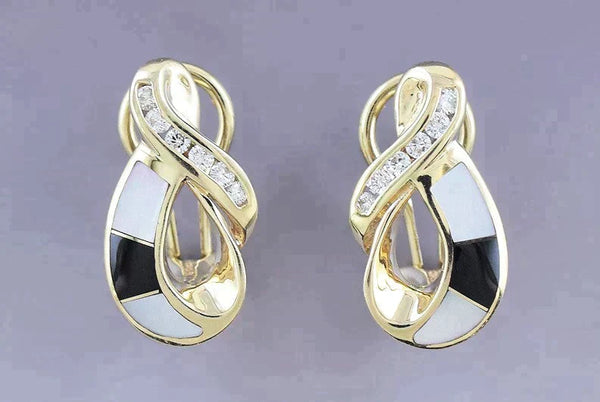 Stylish 14k Gold Diamond Onyx Mother-of-pearl Pair Earrings & Pendant Set