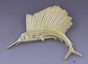 Classic 14k Yellow Gold Diamond Marlin Sailfish Fish Pin Brooch