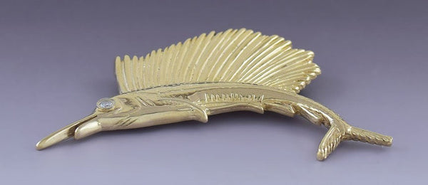 Classic 14k Yellow Gold Diamond Marlin Sailfish Fish Pin Brooch