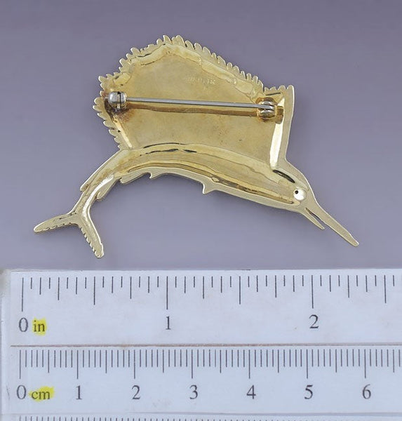 Classic 14k Yellow Gold Diamond Marlin Sailfish Fish Pin Brooch