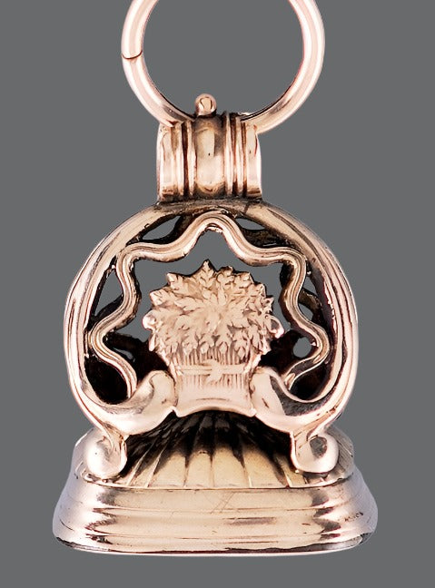 Mid 1800s Victorian 10k Rose Gold Clear Stone Wheat Sheaf Fob on Large Chain