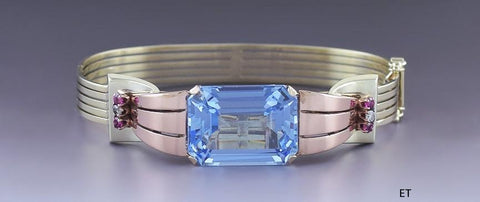 Superb Retro 14k Two Tone Gold Ruby Diamond & Blue Spinel Cuff Bangle Bracelet